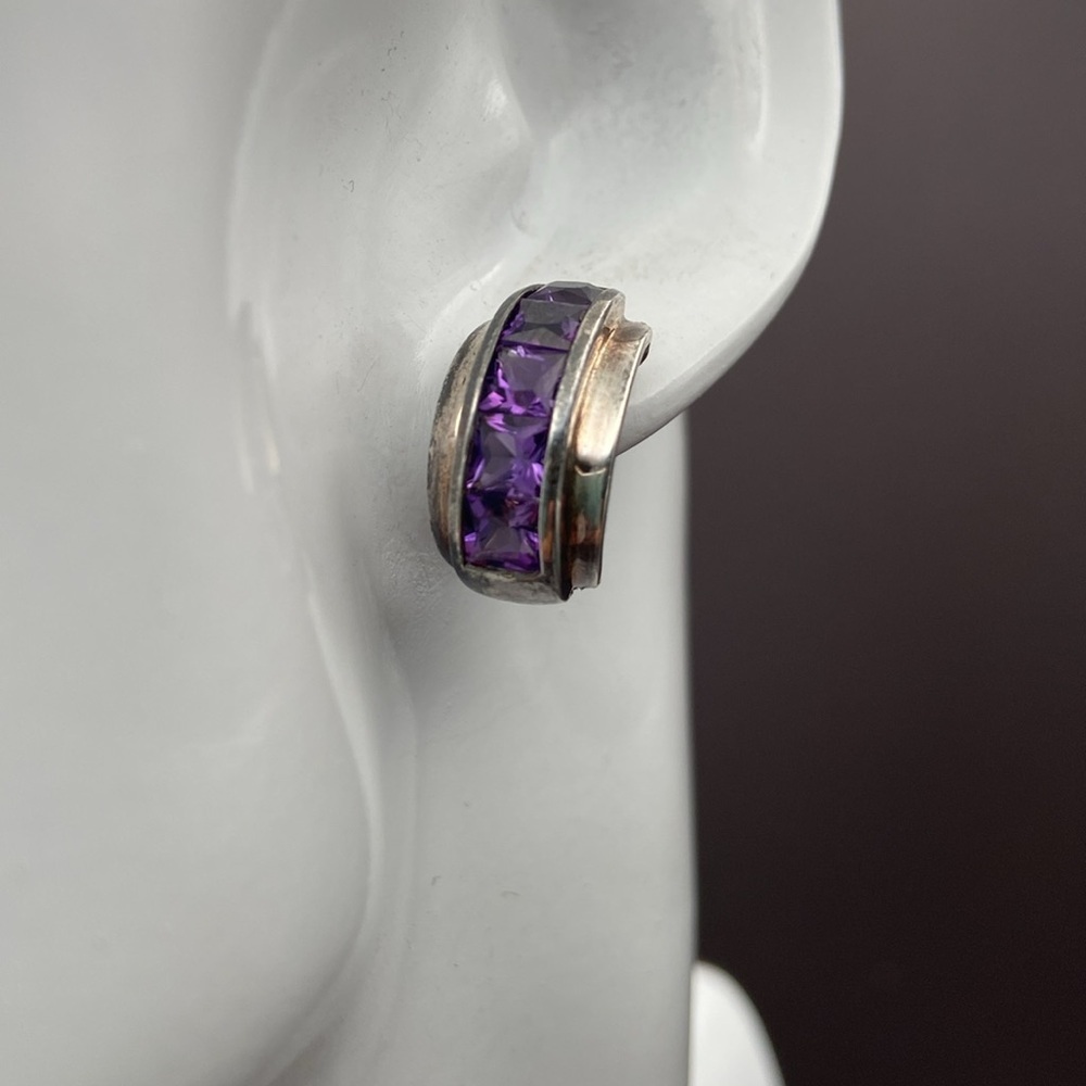 Sterling Silver 925 Channel Set Purple Amethyst Open Hoop Earrings Pierced - Picture 8 of 13